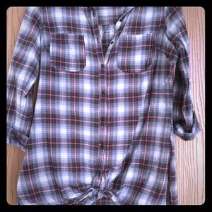 Tie front button up plaid top